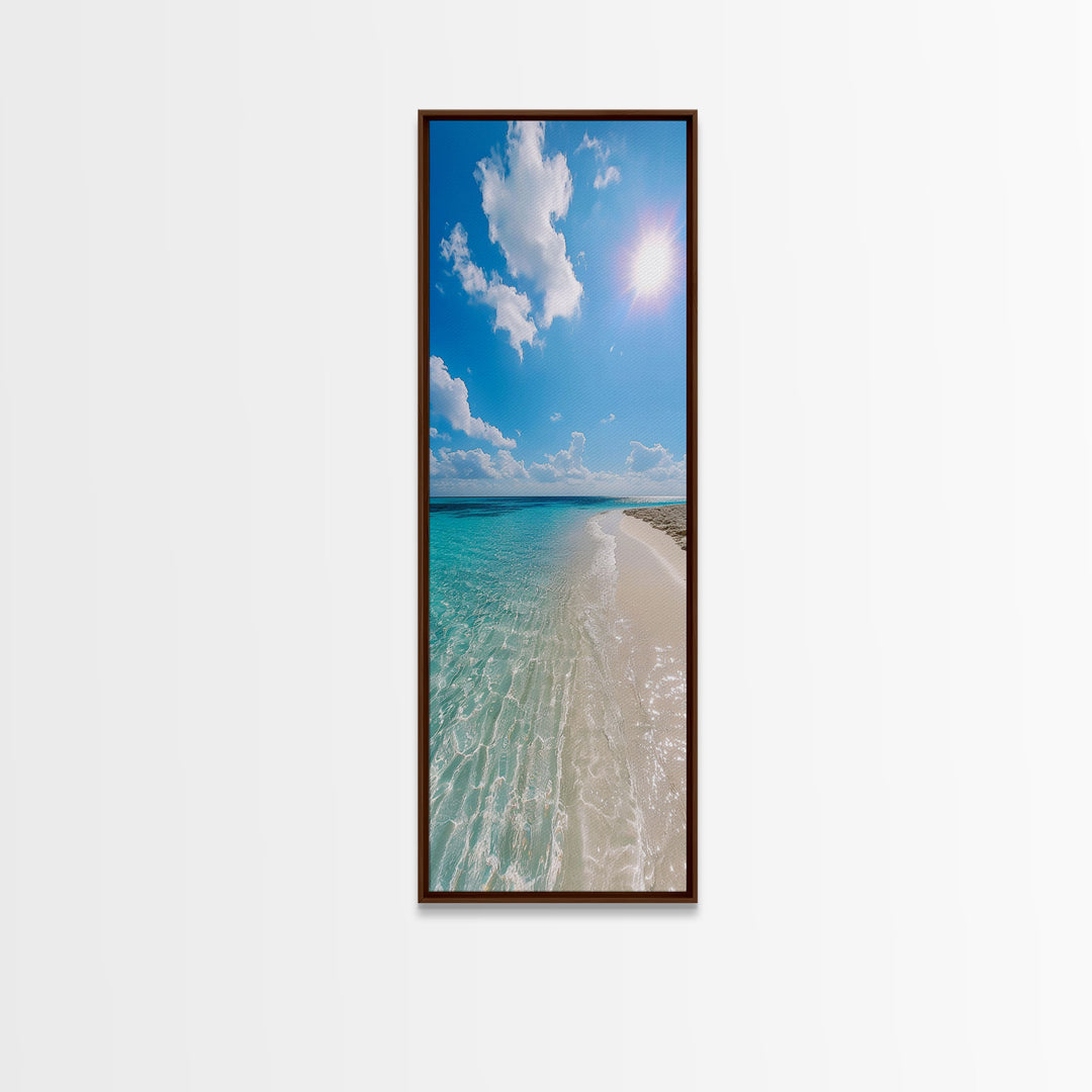 Serene Coastal Shoreline Landscape Painting in Blue and Orange Hues, Modern Framed Canvas Print, Ideal for Contemporary Wall Art Décor
