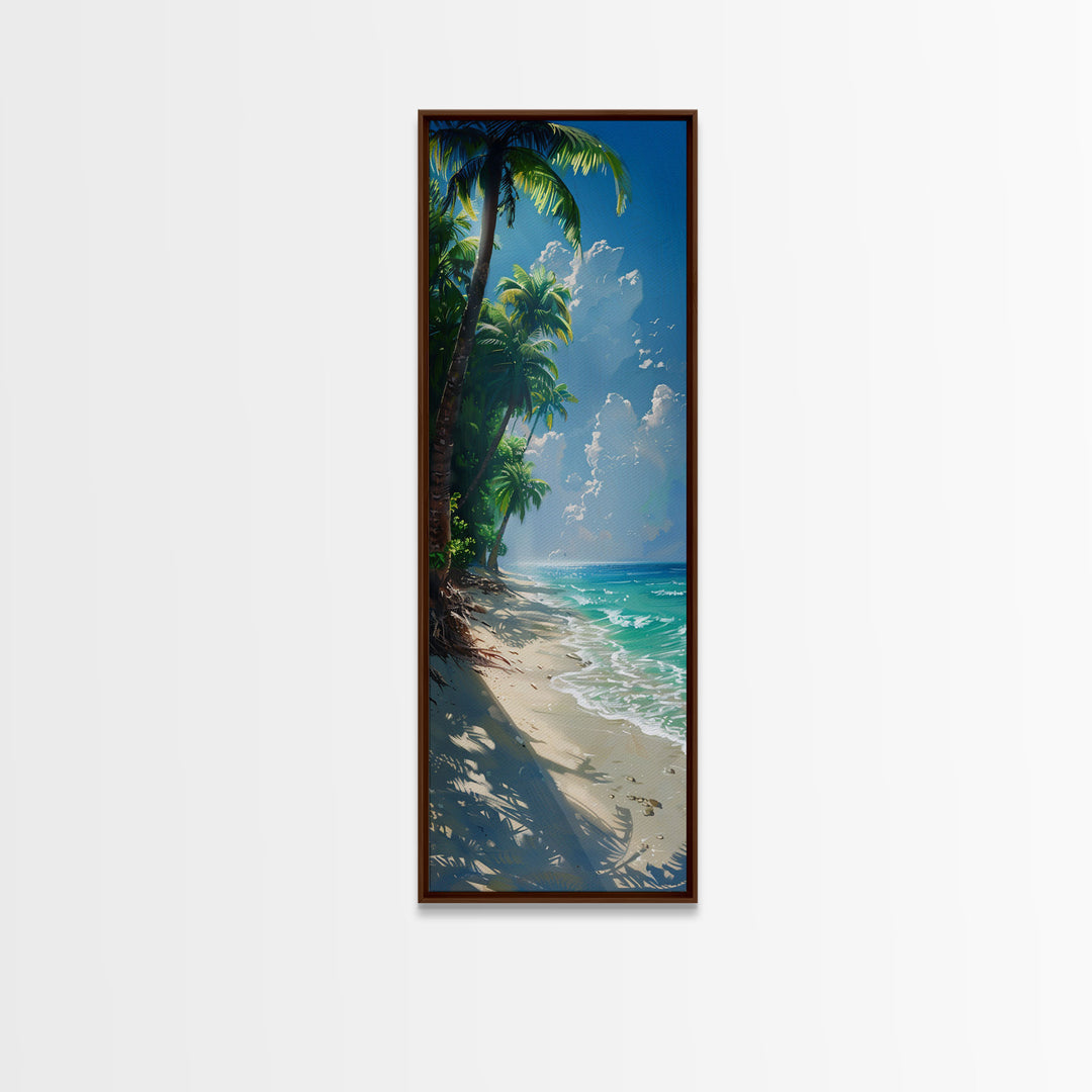 Lush Jungle With Flowing River And Bright Sunlight Skinny Art Framed Canvas Print For Living Room Or Guest Room Wall Decor