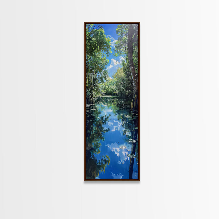 Majestic Waterfall In A Tropical Jungle Skinny Art Framed Canvas Print For Living Room Or Guest Room Wall Art