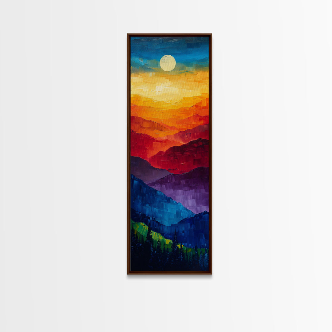 Colorful Mountains Under Moonlight - Framed Canvas Print, Skinny Tall Art, Wall Art for Living Room, Bedroom Decor, Landscape Painting, Panoramic Art