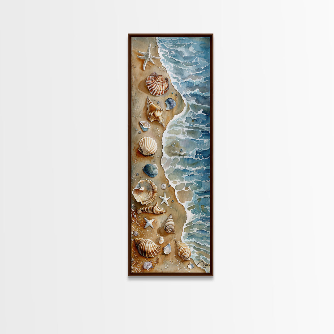 Seashells and Starfish Beach Art - Framed Canvas Print, Skinny Tall Art, Coastal Wall Art, Living Room Decor, Bedroom Art, Seashell Painting