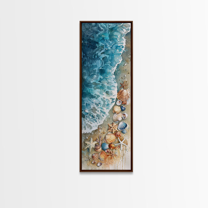 Coastal Beach Watercolor Painting - Framed Canvas Print, Skinny Tall Art, Wall Art for Living Room, Bedroom Decor, Beach Scene Art, Ocean View Print