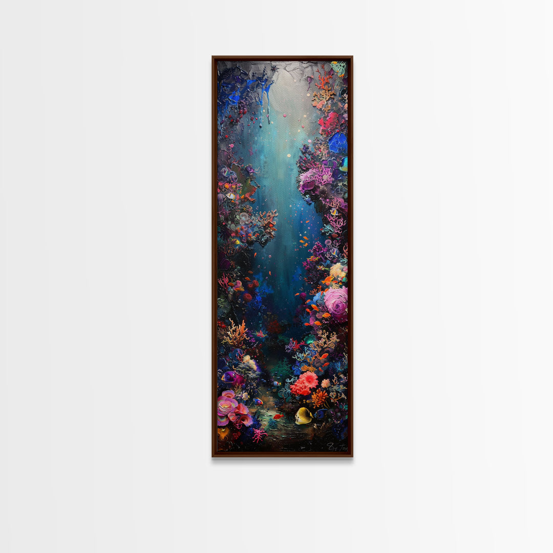 Deep Sea Adventure with Colorful Coral Reefs, Skinny and Tall Art, Stunning Framed Canvas Print, Underwater Landscape Wall Art