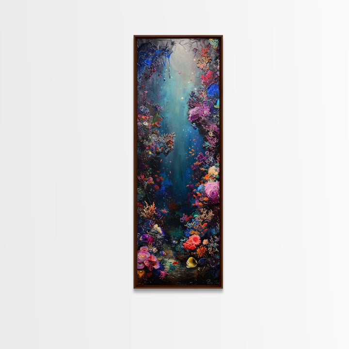 Deep Sea Adventure with Colorful Coral Reefs, Skinny and Tall Art, Stunning Framed Canvas Print, Underwater Landscape Wall Art