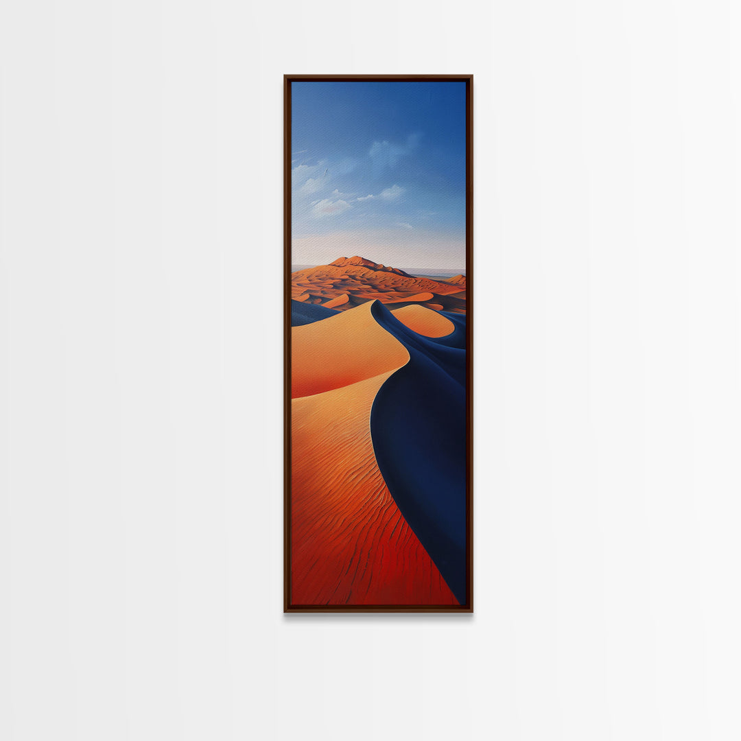 Serene Desert Dunes Under a Clear Sky, Skinny and Tall Art, Minimalist Framed Canvas Print, Modern Wall Decor