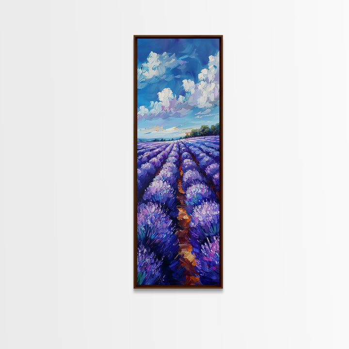 Expansive Lavender Fields Under a Bright Sky, Skinny and Tall Art, Bold Framed Canvas Print, Landscape Wall Art