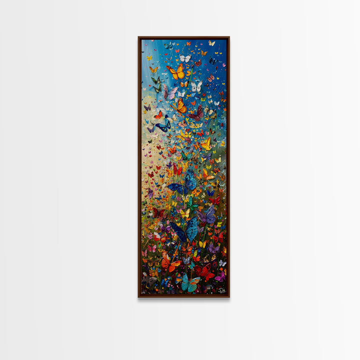 Burst of Colorful Butterflies in a Floral Meadow, Skinny and Tall Art, Energetic Framed Canvas Print, Vibrant Wall Art