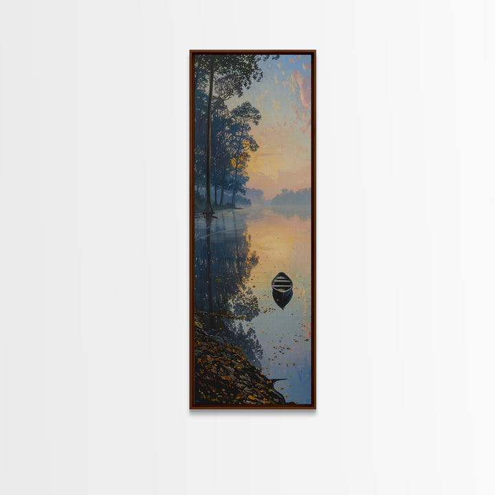 Calm River Reflection with a Lone Boat, Skinny and Tall Art, Serene Landscape Framed Canvas Print, Tranquil Wall Art