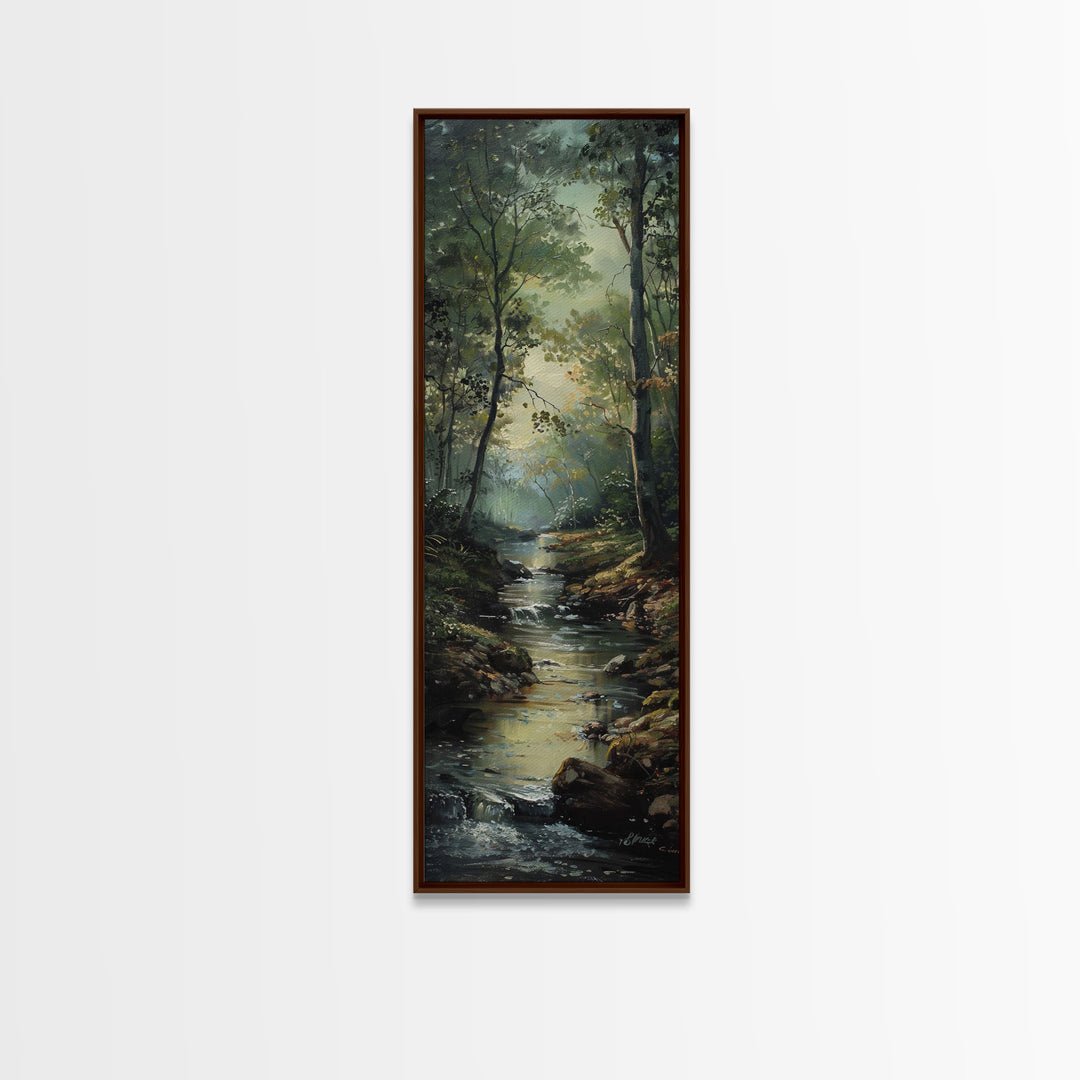 Peaceful Forest Stream in the Early Morning Light, Skinny and Tall Art, Framed Canvas Print, Cozy Wall Art Decor