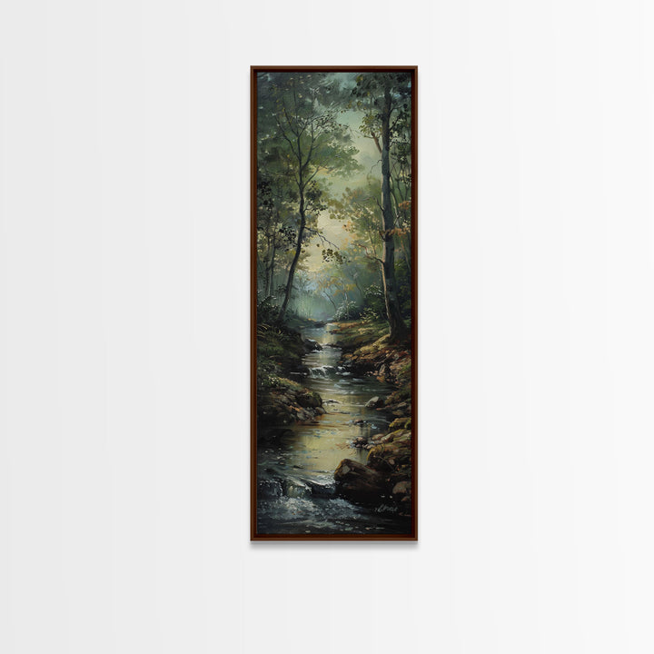 Peaceful Forest Stream in the Early Morning Light, Skinny and Tall Art, Framed Canvas Print, Cozy Wall Art Decor