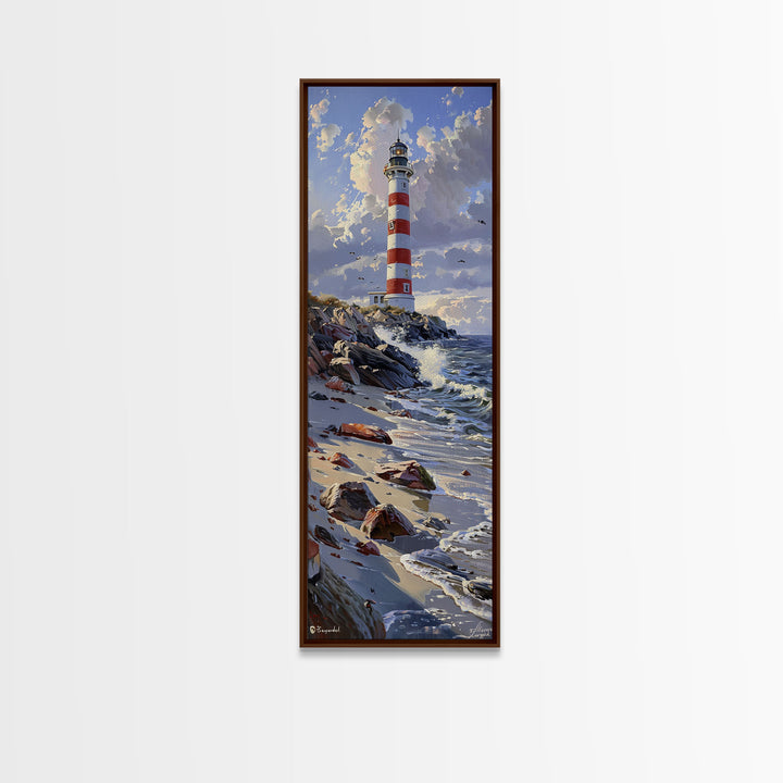 Framed Canvas Print Skinny Art of a Majestic Lighthouse Standing Tall Against a Bright Blue Sky with Waves Crashing on Rocky Shores, Perfect Tall Art