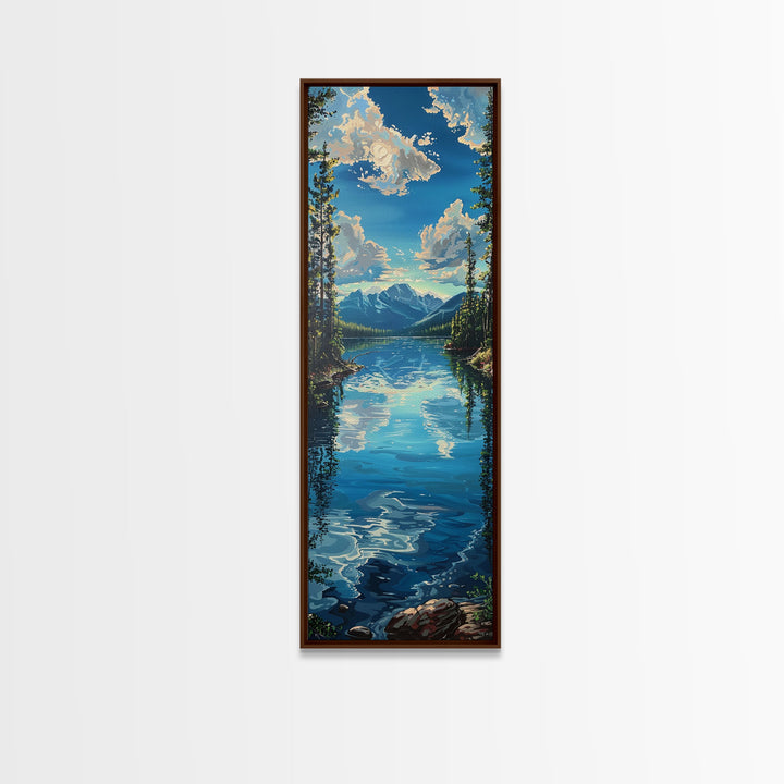 Framed Canvas Print Skinny Art of a Clear Lake Surrounded by Pine Trees with Majestic Mountains in the Distance Under a Blue Sky, Ideal Tall Landscape Art
