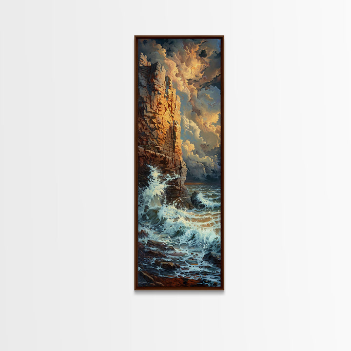 Majestic Cliffside and Crashing Waves in a Coastal Landscape on a Framed Canvas Print Tall Art Piece