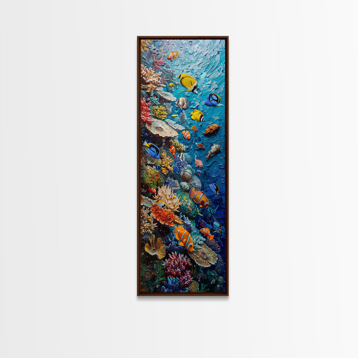 Vibrant Coral Reef Underwater Scene Featuring Diverse Tropical Fish on a Framed Canvas Print Skinny Art Piece