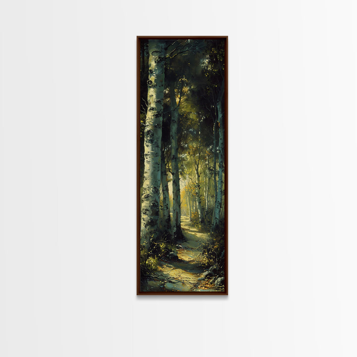 Serene Birch Tree Pathway in Tall Skinny Art Framed Canvas Print Perfect for Tranquil Wall Decor in Bedrooms or Study Rooms