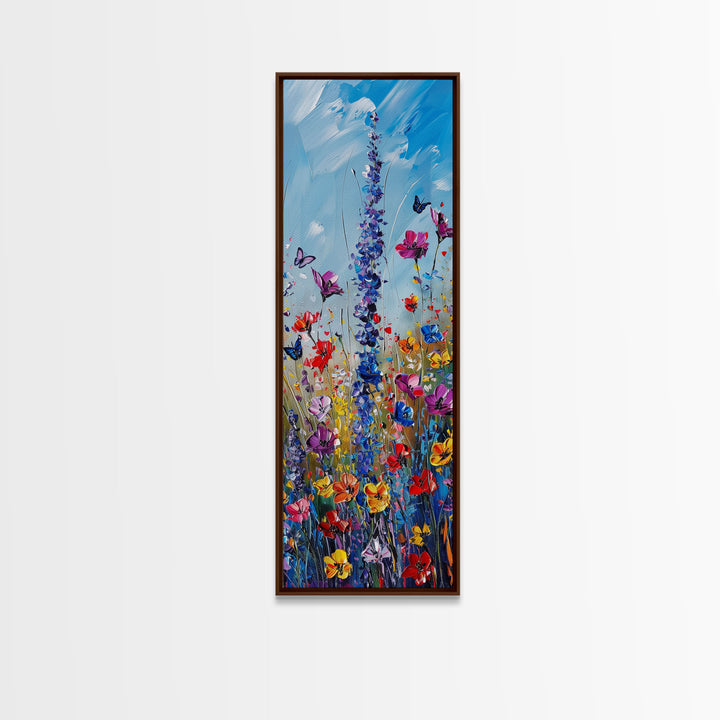 Butterflies and Wildflowers, Framed Canvas print, Wood Framed Art, Living Room Decor, Skinny Art, Boho Style Minimalist Wall Art