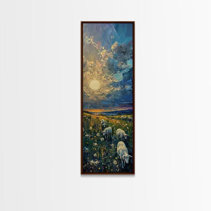 Lambs At Sunset Farmhouse Decor, Framed Canvas Print, Unique Wall Art, Skinny Art, Tall Wall Art, Art For Small Spaces
