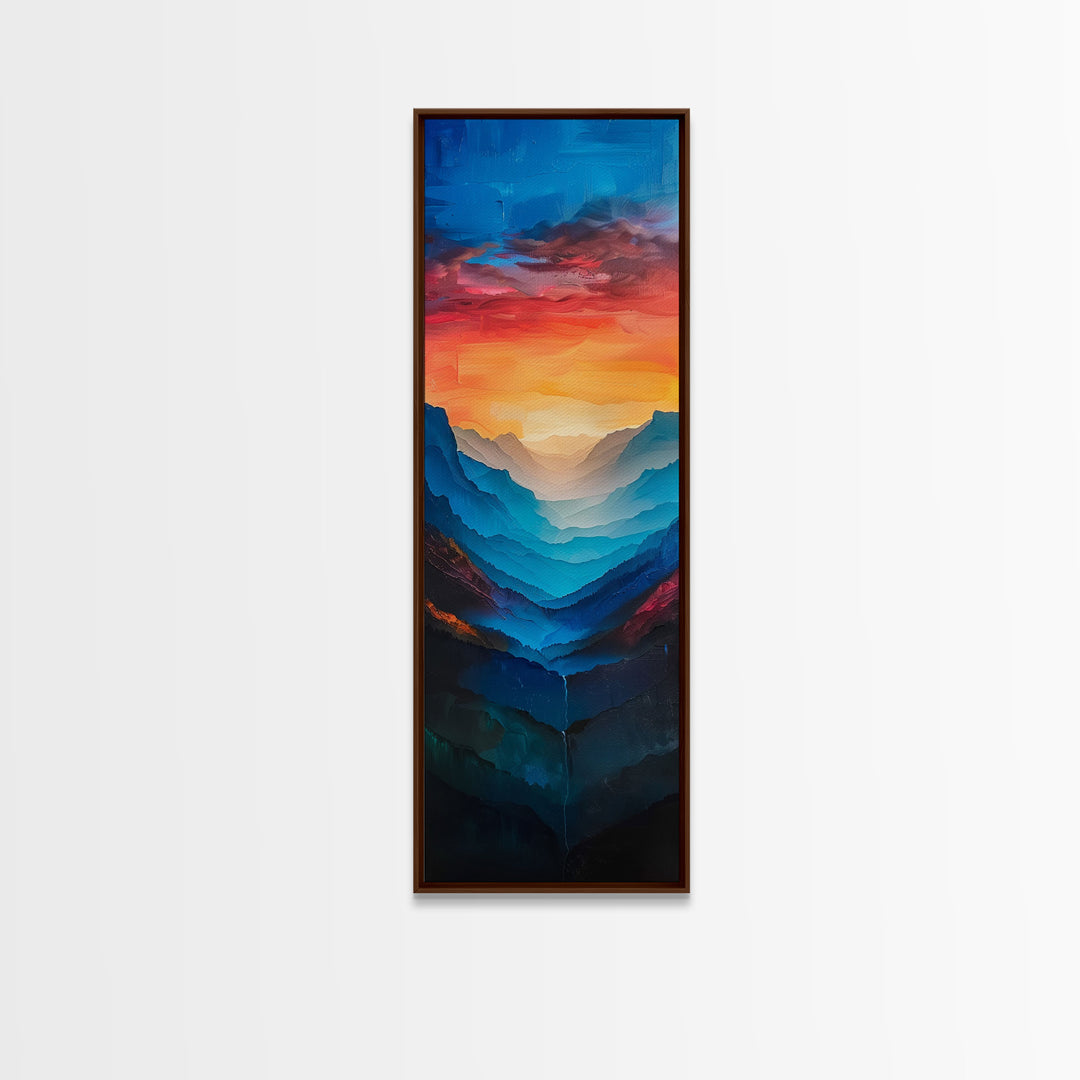 Sunset Over The Mountain Valley Framed Canvas Print - Colorful Wall Art - Midcentury Modern Style Art - Modern Decor - Abstract Landscape Painting - Tall Art