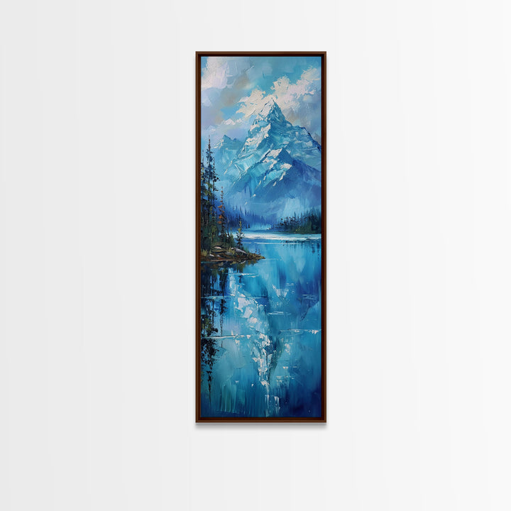 Mountain Reflections In The Lake Framed Canvas Print, Boho Style Oil Painting Print, Minimalist Decor, Unique Gift Idea, Skinny Art For Small Spaces