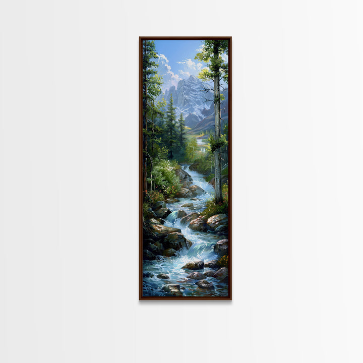 Majestic Mountain Stream In A Serene Forest Landscape, Farmhouse And Minimalist Art Style, Boho Wall Art In Tall Canvas Print