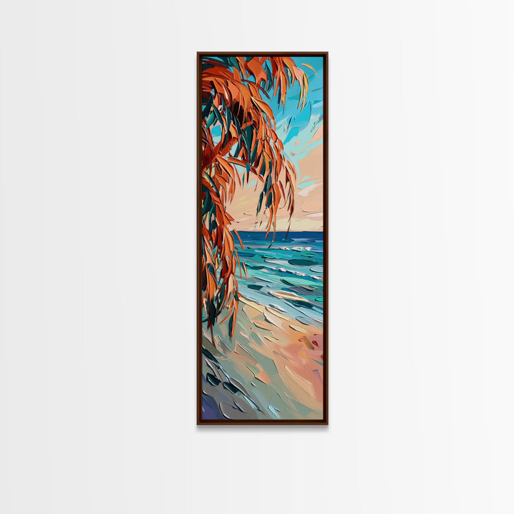 Expressive Coastal Shoreline Landscape in Blue and Orange, Abstract Painting on Framed Canvas Print, Perfect for Beach-Themed Wall Art