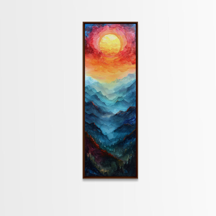 Majestic Sunrise Over Mountain Range Boho Sunset Landscape Framed Canvas Print Tall Art Japanese Style Art