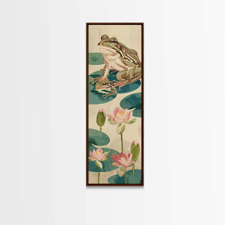 Frogs On Lily Pads Canvas In Japanese Ukiyo-e Style, Traditional Woodblock Print, Framed Canvas Print, Tall Skinny Japanese Wall Art, Ready To Hang
