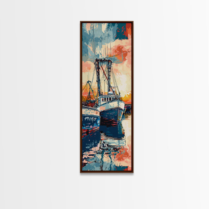 Majestic Fishing Boats Resting in a Vibrant Sunset Harbor - Skinny Art, Japanese Wall Decor, Framed Canvas Print, Ukiyo-e Style