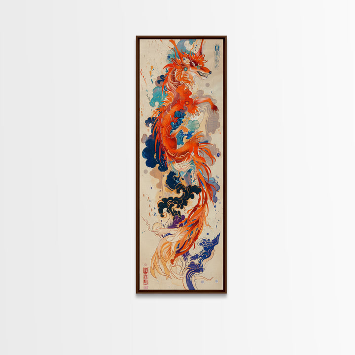 Majestic Red Dragon Soars Skinny Art Tall Art Japanese Ukiyo-e Inspired Mythical Creature Framed Canvas Print