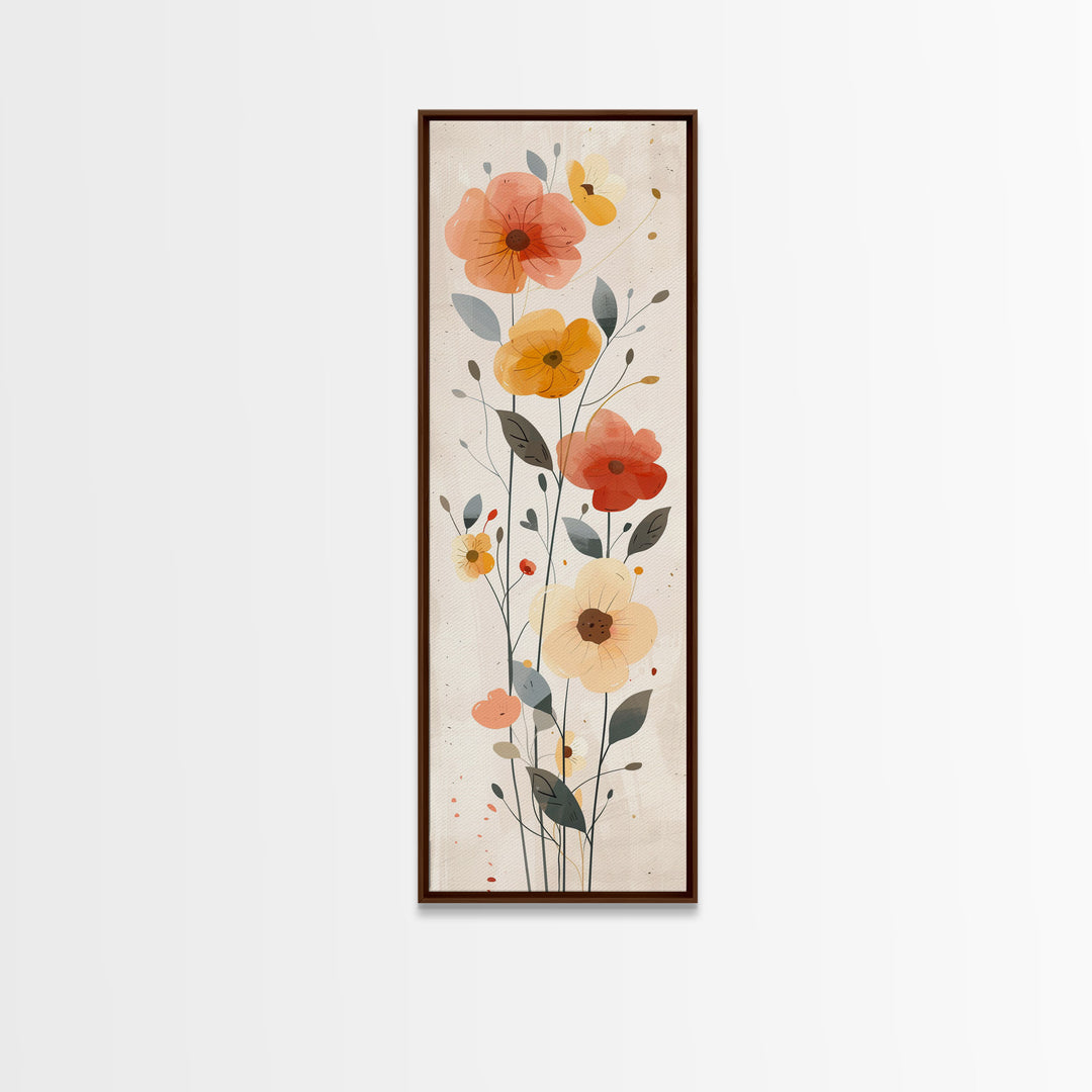 Delicate Poppy Flowers Skinny Art Tall Art Japanese Ukiyo-e Inspired Floral Print Framed Canvas Wall Art