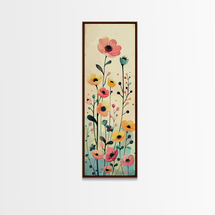 Bright Field of Wildflowers Skinny Art Tall Art Japanese Ukiyo-e Inspired Floral Print Framed Canvas Wall Art