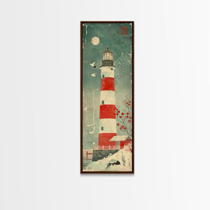 Japanese Woodblock Print Of A Traditional Lighthouse Surrounded By Seagulls Framed Canvas Print Ready To Hang For Wall Art Decor