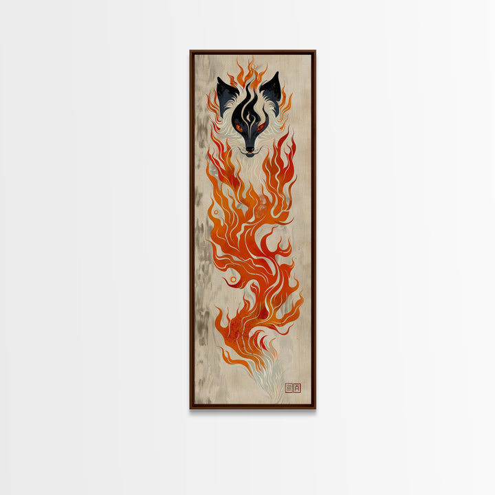 Fiery Kitsune Spirit Skinny Art Tall Art Japanese Ukiyo-e Inspired Mythical Creature Framed Canvas Print