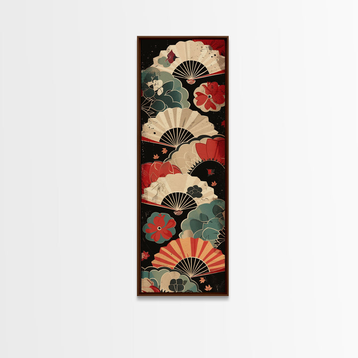 Japanese-Inspired Fan Art in Bold Red and Cream Accents on Tall Vertical Canvas Print Featuring Elegant Floral Design