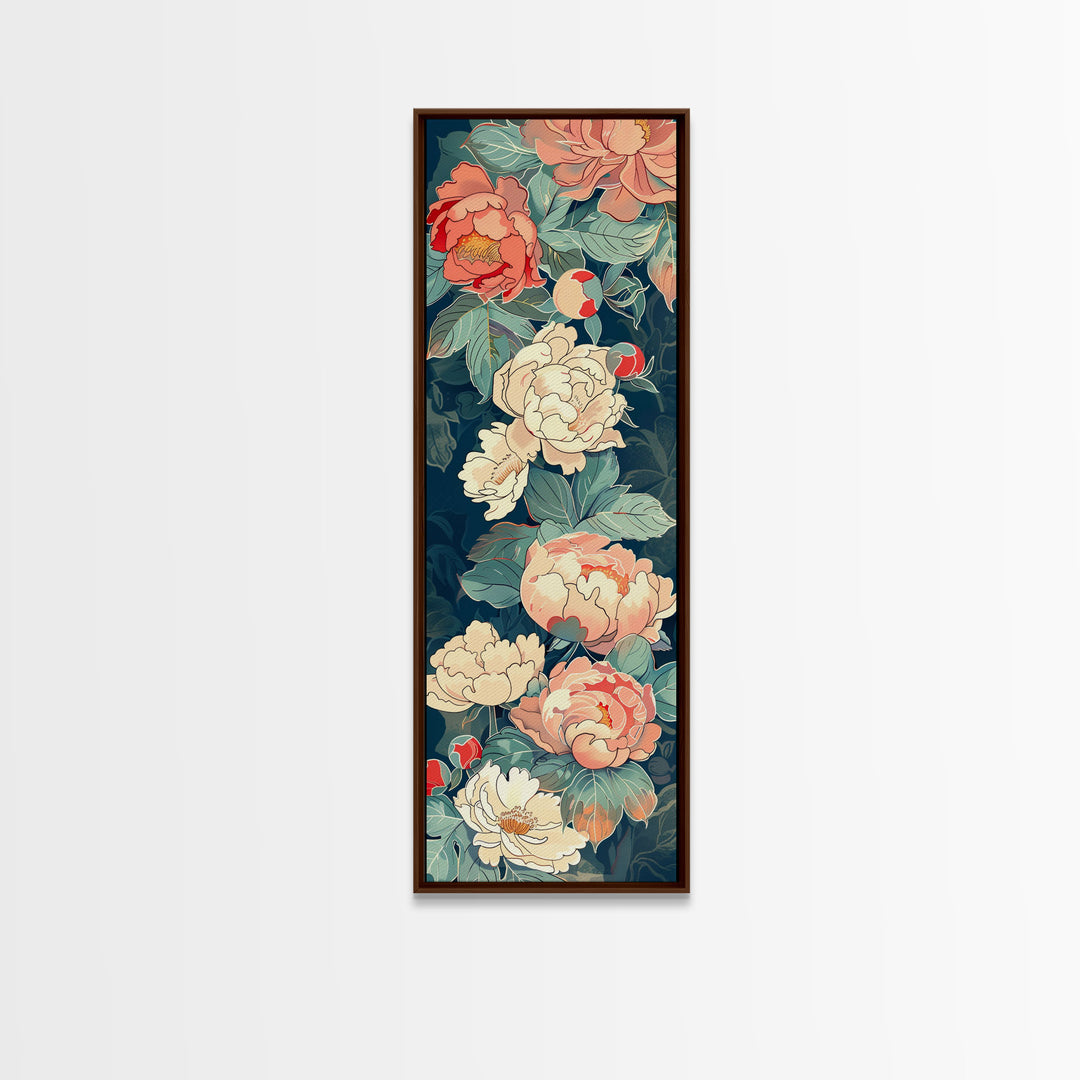 Delicate Peony Blossoms in Soft Pastel Hues on Japanese-Inspired Tall Vertical Canvas Print for Elegant Floral Decor