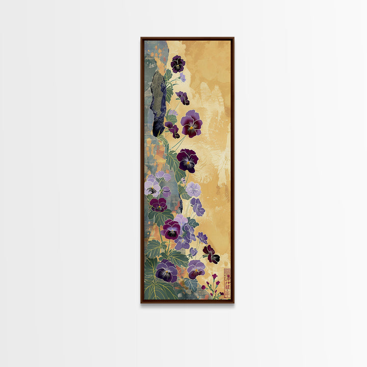 Deep Purple Pansy Flowers Against Textured Gold Background on Tall Vertical Canvas Print for Rich Floral Wall Decor