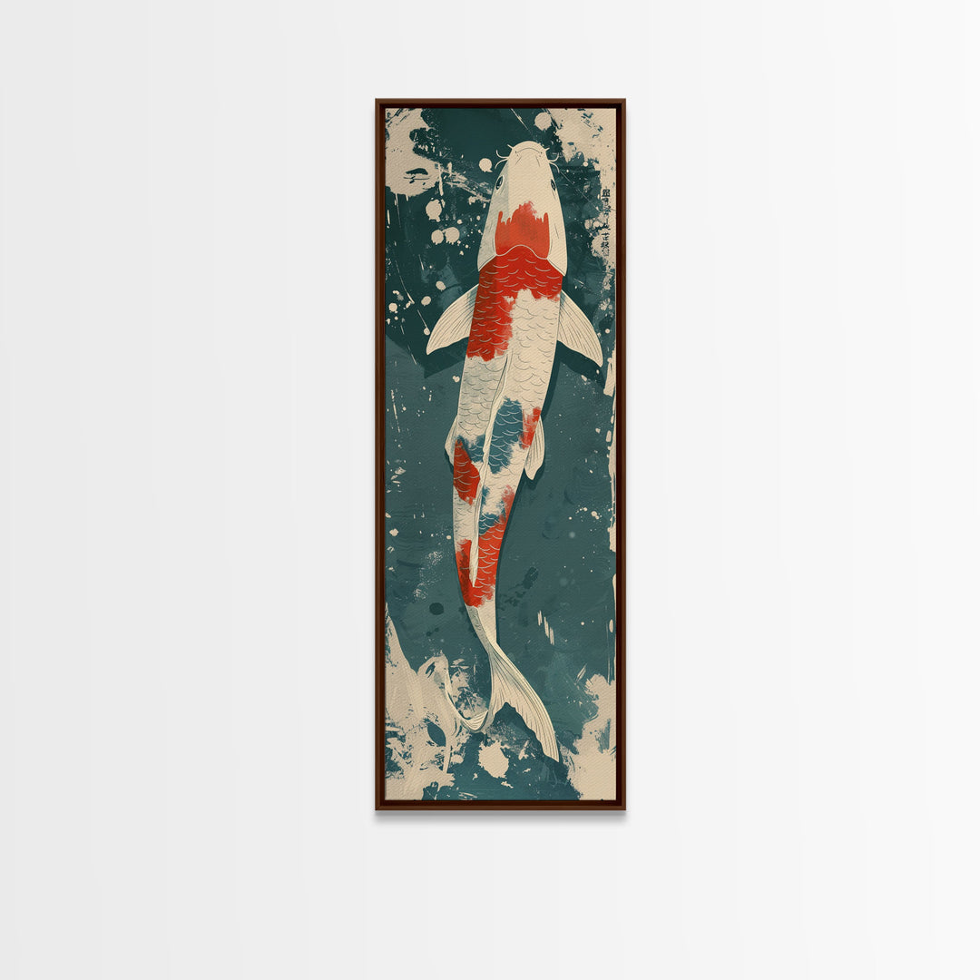 Serene Koi Fish Swimming in Deep Blue Water with Red Accents on Tall Vertical Japanese-Inspired Canvas Print