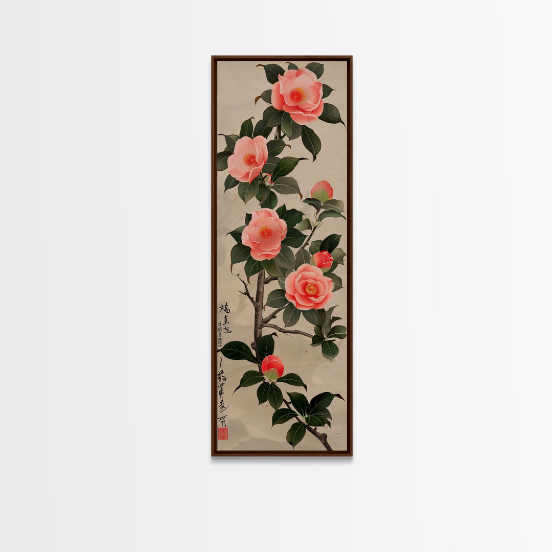 Framed Canvas Print Of Japanese Floral Art With Camellia Blossoms And Detailed Leaves Ready To Hang Traditional Japanese Wall Art Decor
