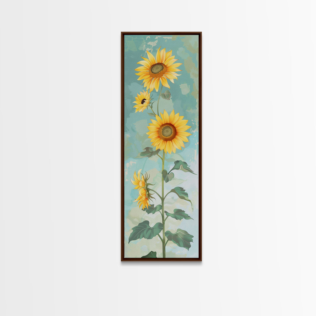 Japanese Skinny Art of Sunflowers with Golden Petals and Verdant Stems on a Pastel Blue Background – Framed Canvas Print