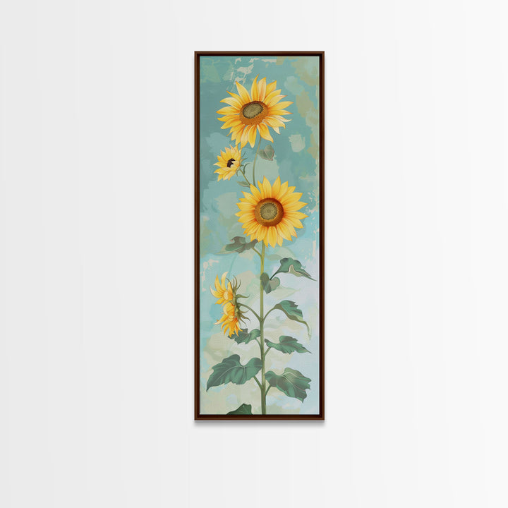 Japanese Skinny Art of Sunflowers with Golden Petals and Verdant Stems on a Pastel Blue Background – Framed Canvas Print