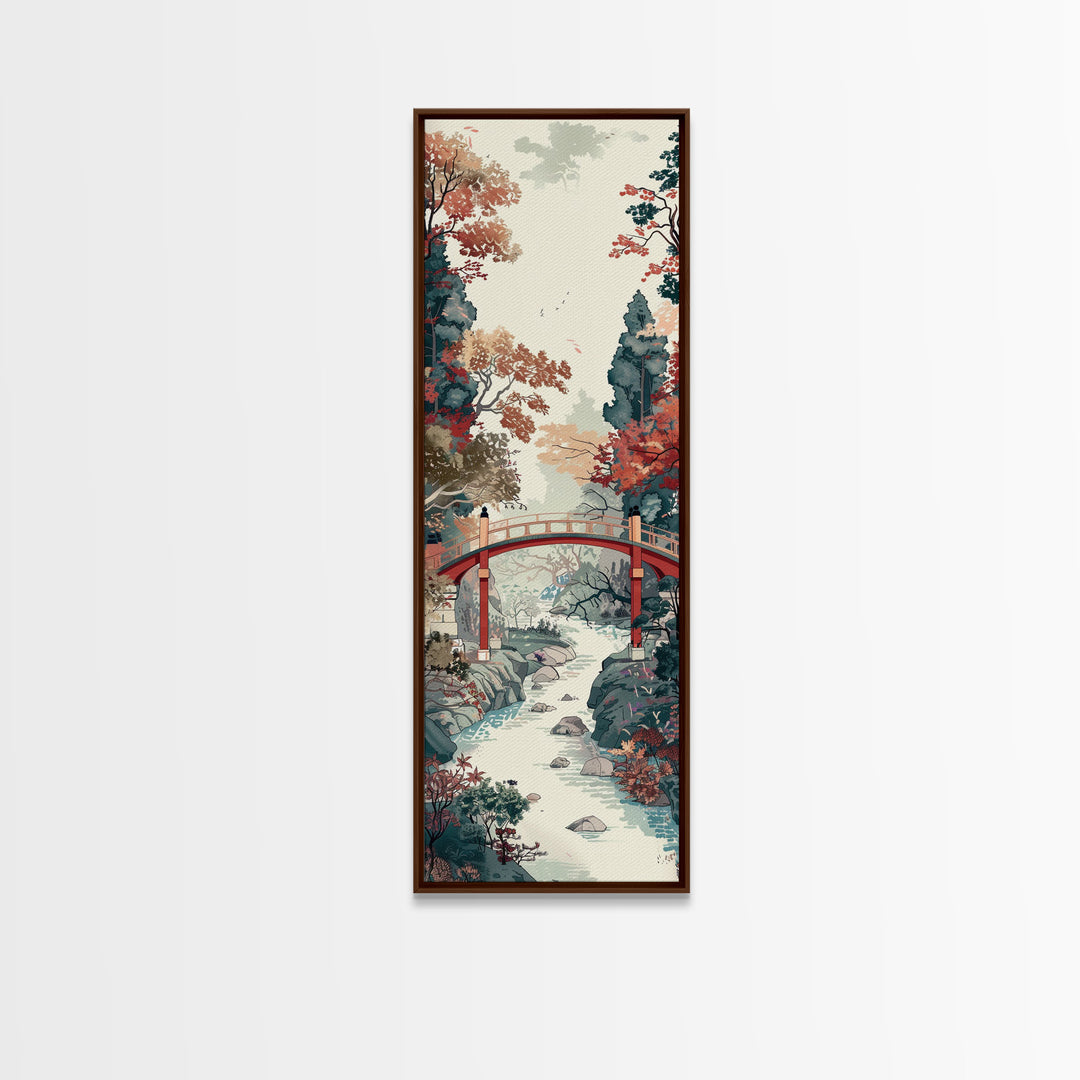 Traditional Japanese Skinny Art of Autumn Bridge in Serene Landscape with Fall Foliage – Framed Canvas Print