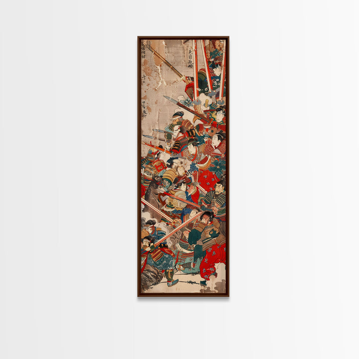Samurai Warriors in Battle – Traditional Japanese Skinny Art with Historic Details – Framed Canvas Print