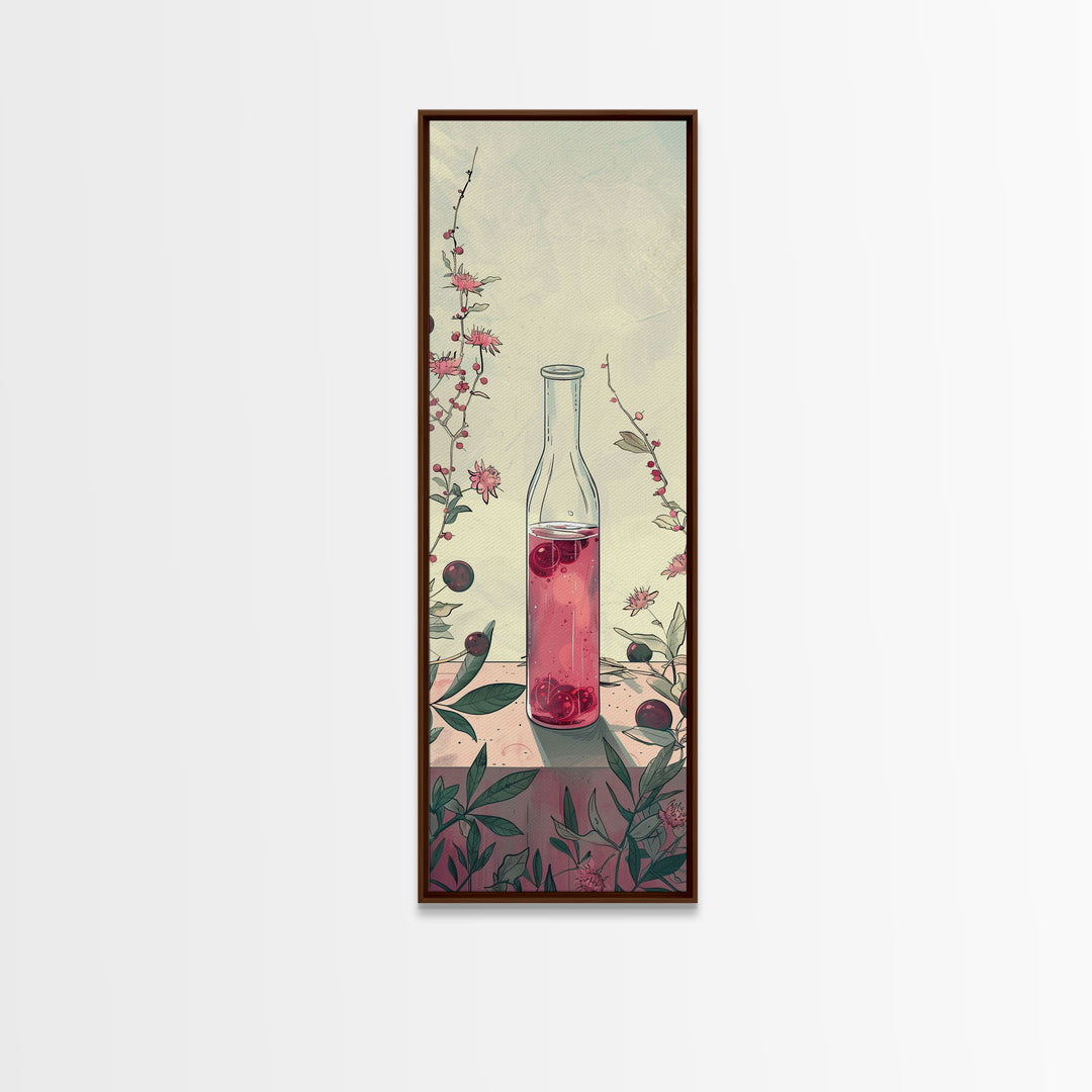 Skinny Art of Still Life with Elegant Glass Bottle and Floral Accents – Japanese-Inspired Framed Canvas Print
