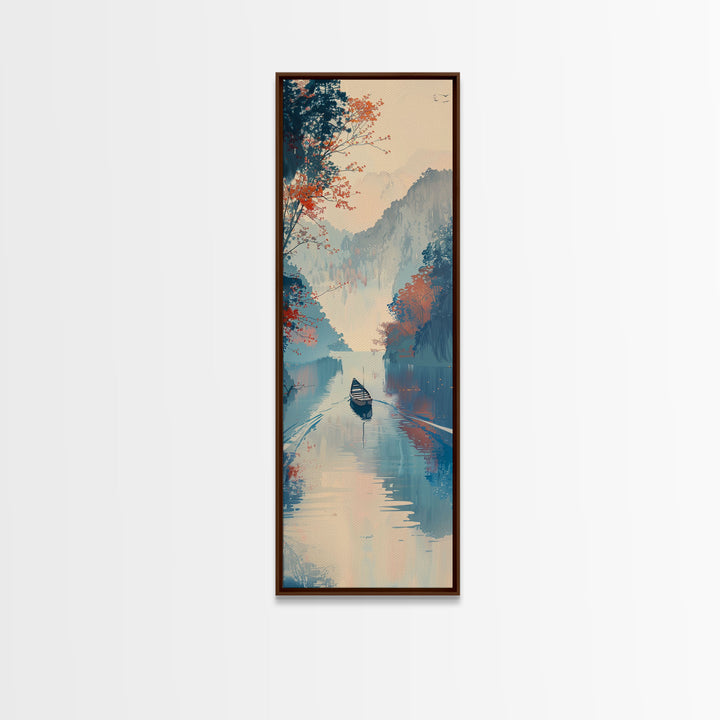Serene Japanese Landscape Framed Canvas Print Featuring A Calm River Scene With Boat And Misty Mountains, Traditional Wall Art, Ready To Hang