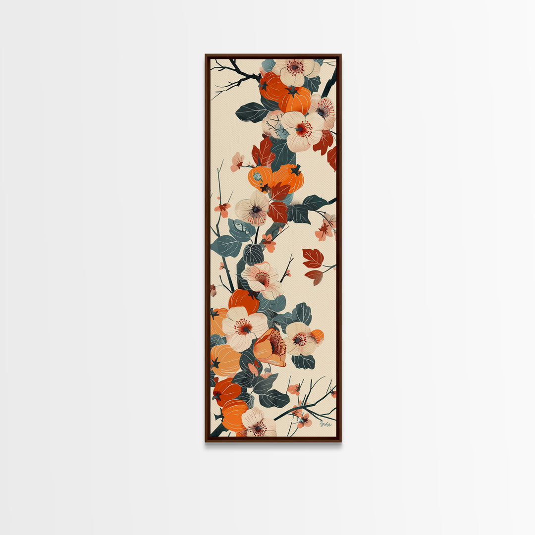 Skinny Art of Persimmon Branch with Delicate White Flowers – Japanese-Inspired Framed Canvas Print