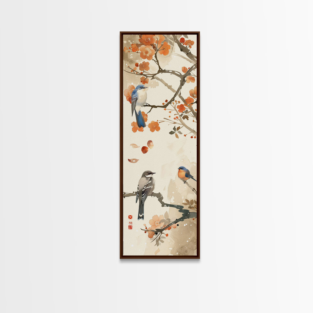 Japanese Art Inspired by Tranquil Birds and Blossoms, Framed Canvas Print for Tall Skinny Art Lovers in Ukiyo-e Style