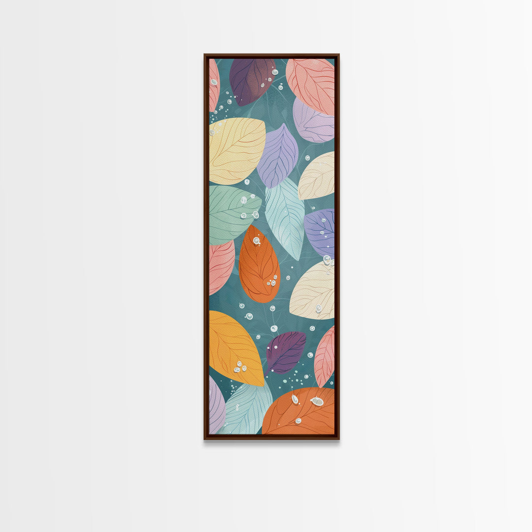 Floating Leaves in Soft Pastel Colors, Skinny Tall Art with Japanese Influence, Framed Canvas Print in Ukiyo-e Style