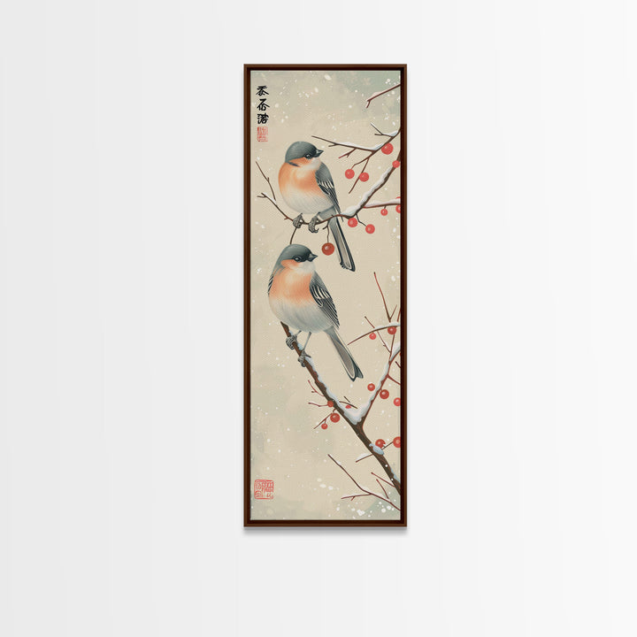Pair of Birds on Snowy Branches, Japanese Art Framed Canvas Print, Tall and Skinny Wall Art in Ukiyo-e Style