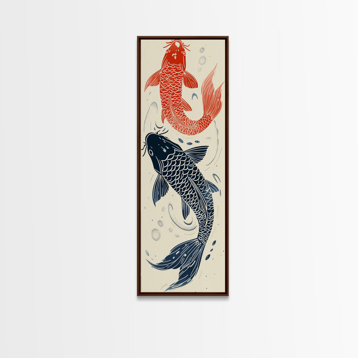 Elegant Koi Fish in Minimalist Japanese Art Style, Tall and Skinny Framed Canvas Print for Ukiyo-e Art Lovers