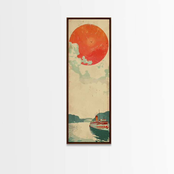 Large Red Sun Over River, Japanese Art Inspired by Ukiyo-e, Framed Canvas Print for Tall Skinny Wall Spaces